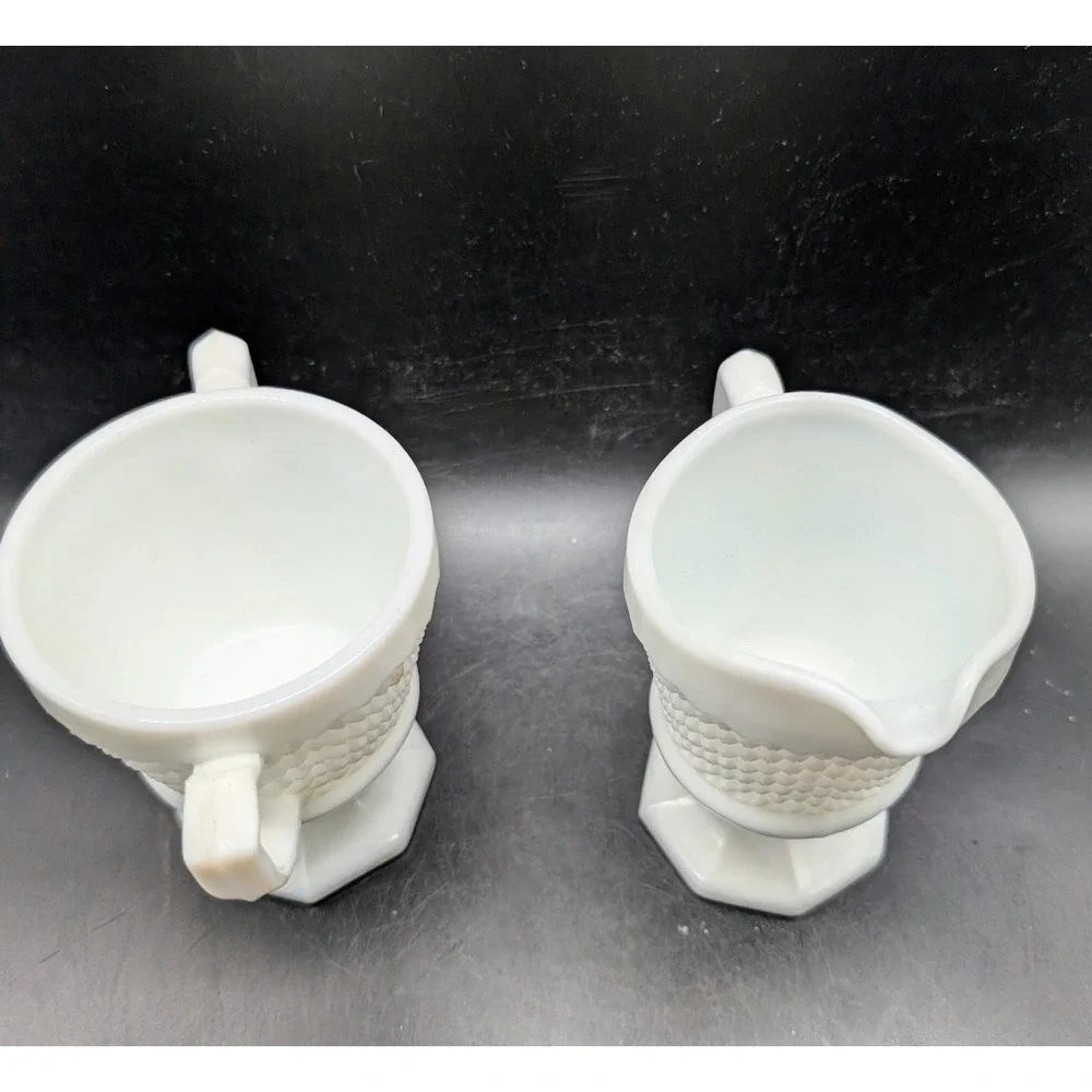 Vintage Westmoreland White Milk Glass Creamer and Sugar Bowl Set Diamond Pattern